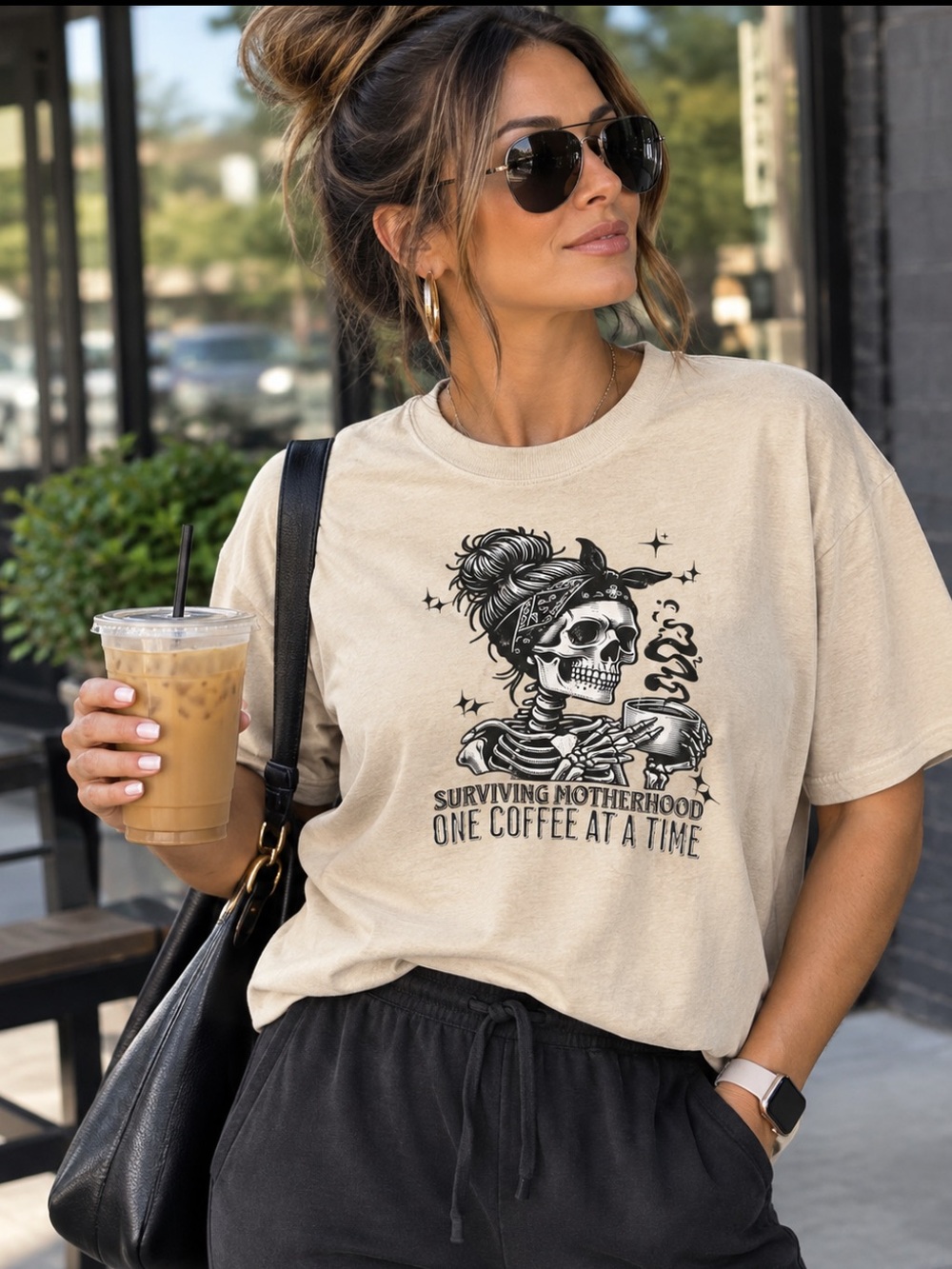 Gildan Cream Short-Sleeve Graphic Tee with Black Skull Coffee Design